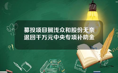 募投项目搁浅众和股份无奈退回千万元中央专项补助金